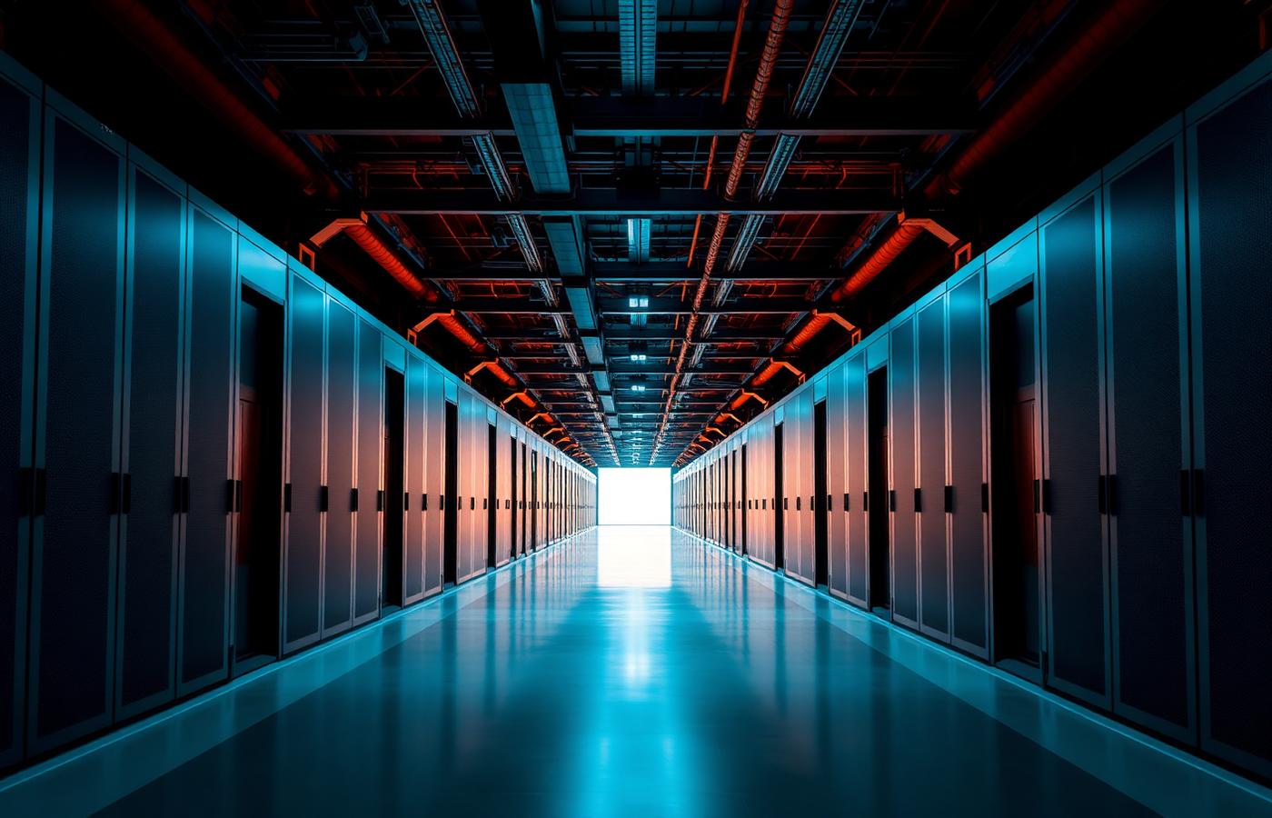 Long symmetrical corridor inside a modern data centre with rows of server cabinets fading into distance