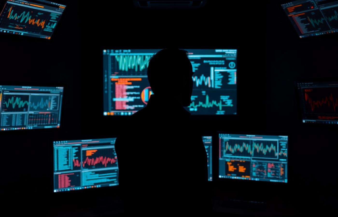 Silhouette of a security analyst working in front of multiple monitors displaying dashboards and network telemetry