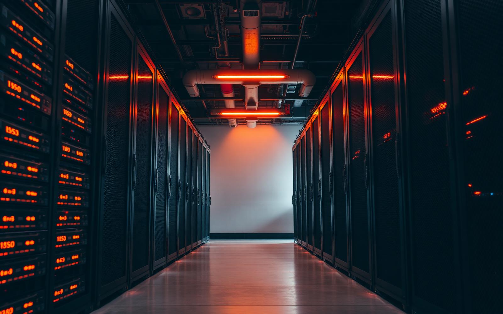 Warm amber light spilling across steel server racks in a modern data centre corridor
